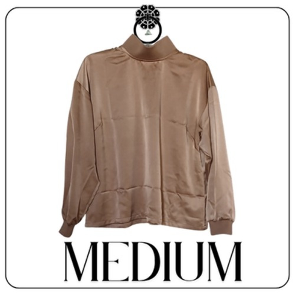 DownEast Blouse Womens Medium Brown Satiny Mock Neck Back Zip Long Sleeve NWT